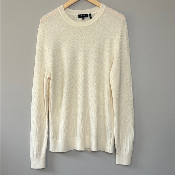 Theory Men’s Merino Wool Crewneck Pullover Herringbone Knit Sweater Medium Ivory